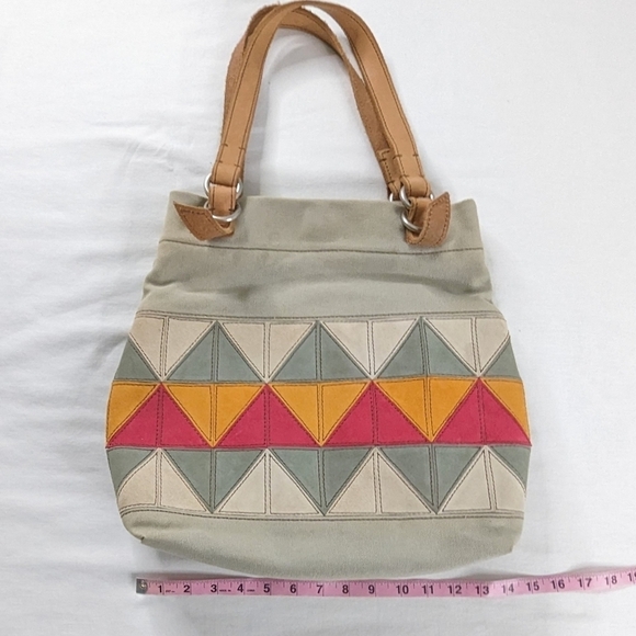 Fossil Canvas Pink Gray Patchwork Diamond Triangle Leather Strap Tote Bag - Picture 7 of 9